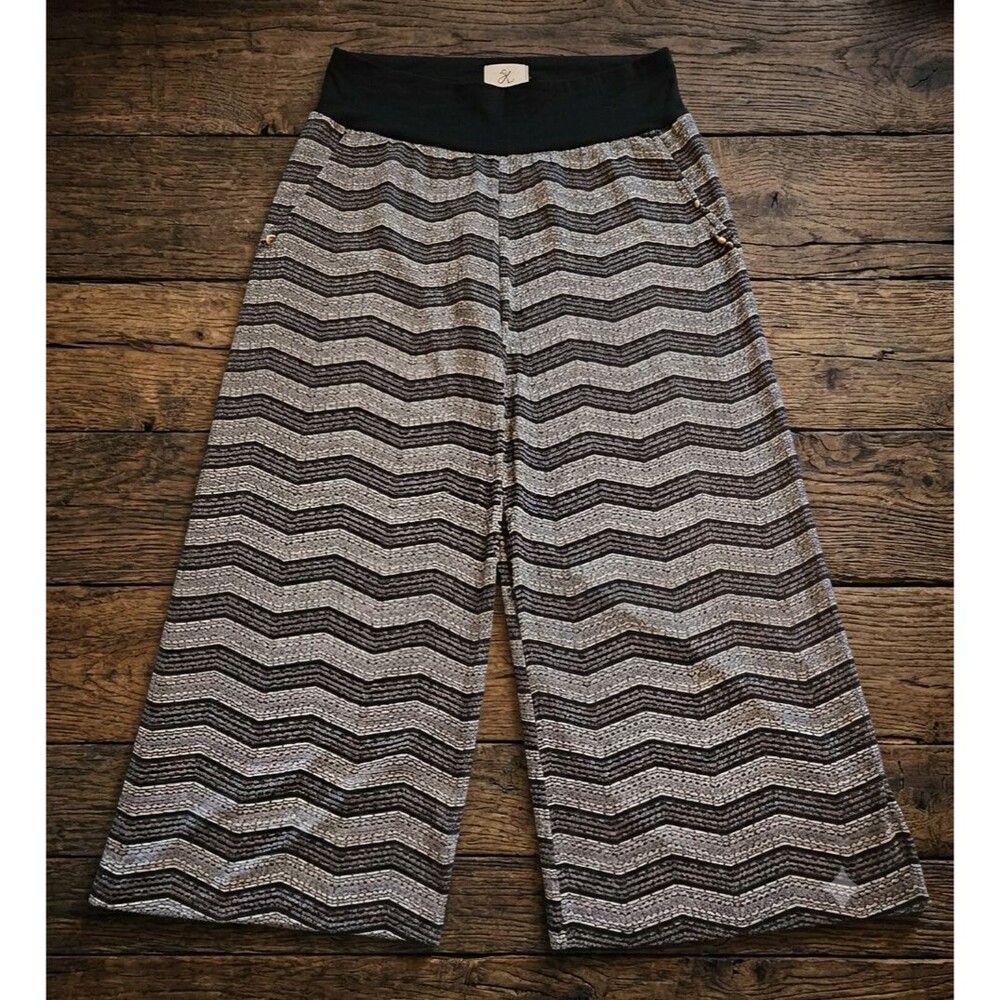 Ashley Blue Palazzo Pants Women’s S Stretch Wide Leg Zigzag Boho Comfort Casual